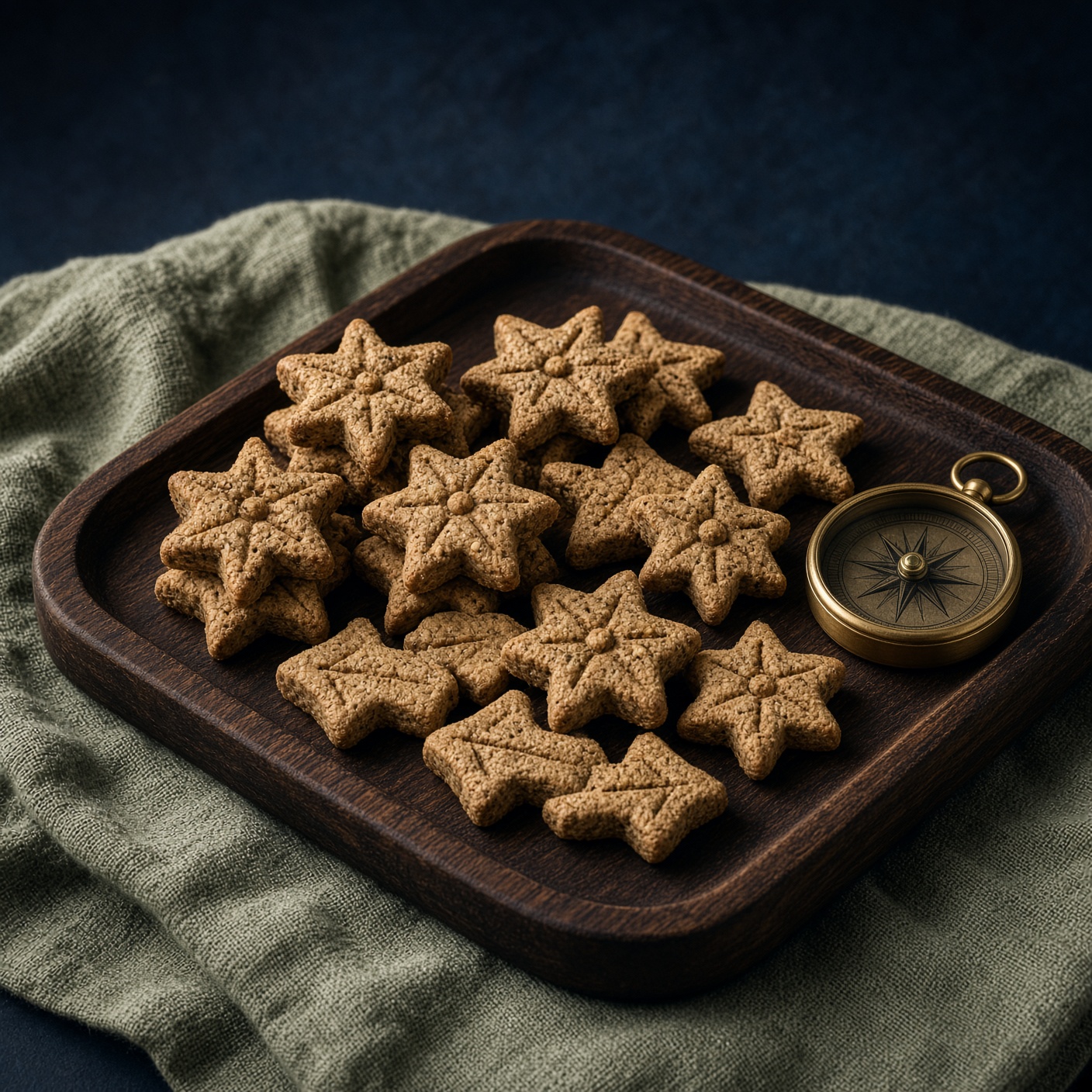 Artisan trail biscuits beside a brass compass